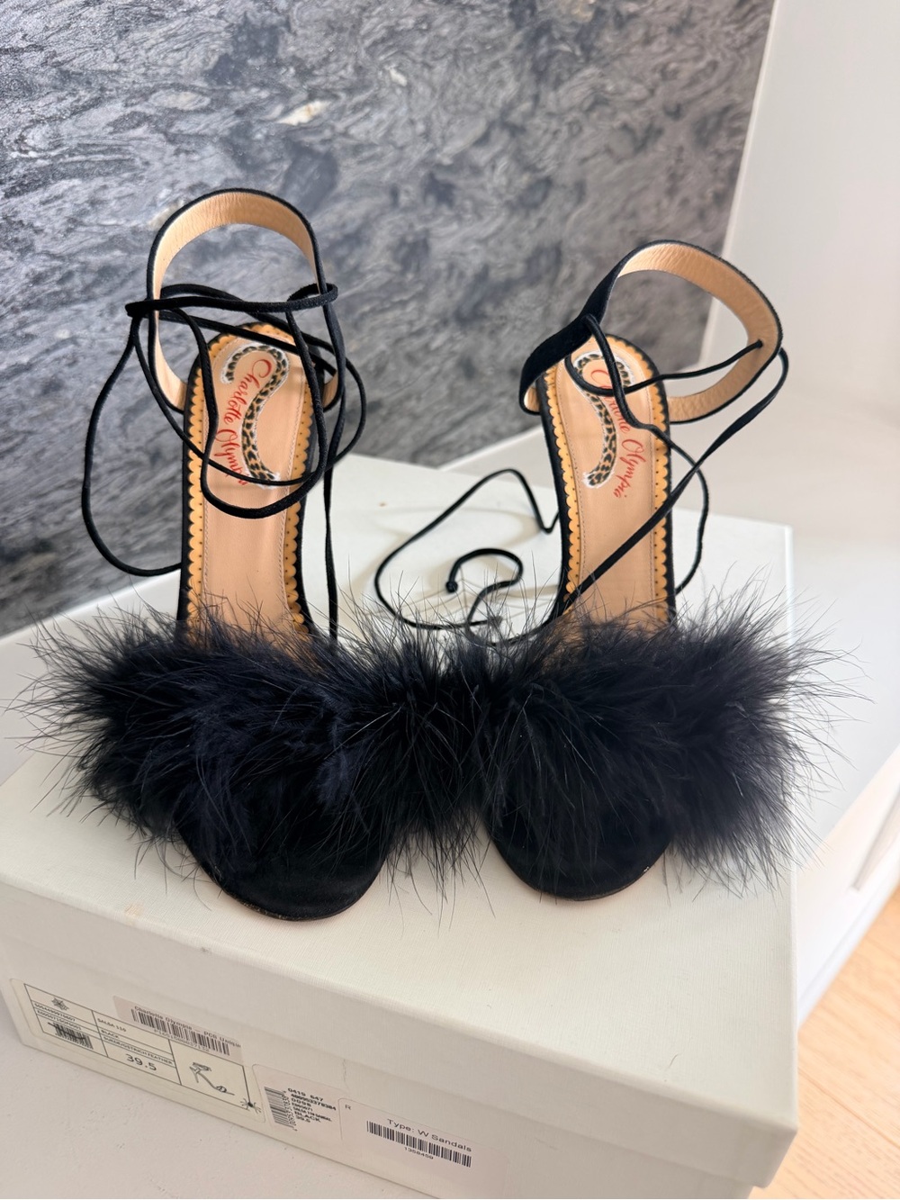 Charlotte Olympia Women's Black Ostrich Feather Ankle-Tie Heeled Sandals 39.5